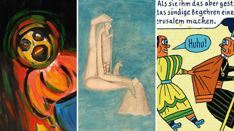 3 Kunstwerke aus der „Sammlung Prinzhorn“, Bestandteil der 30-minütigen Doku von Eberhard Reuß.