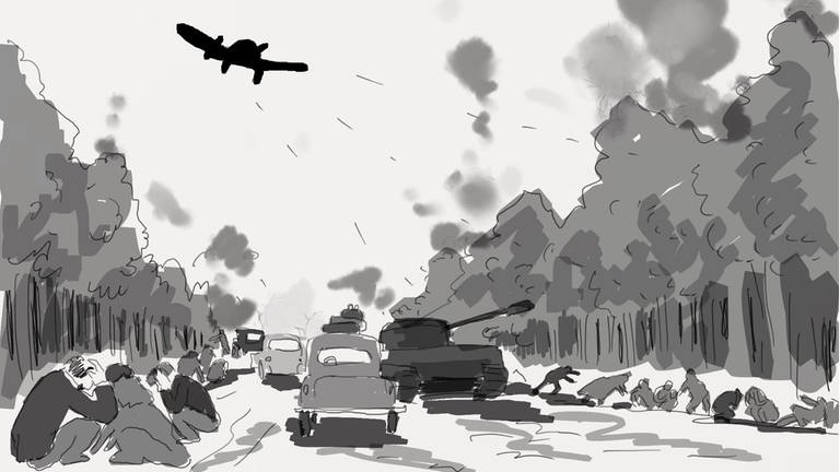 „Statistik des Verbrechens – Ein Mathematiker kämpft gegen die Nazis“: Storyboardzeichnung für eine Animationssequenz (Bombenangriff). © SWRDavid RufSchwenk Film