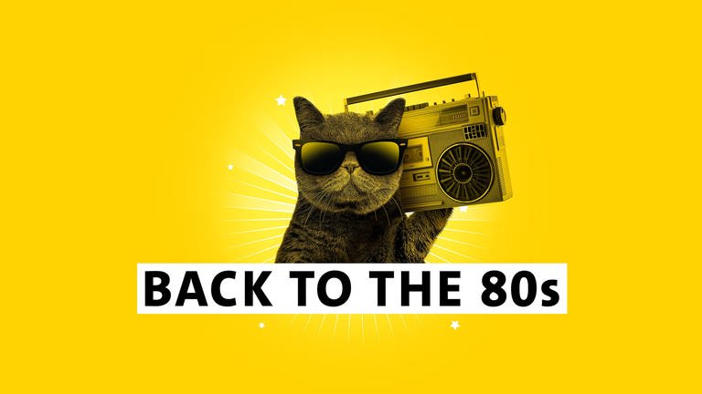 Teaserfoto des Kampagnenmotivs SWR1 "Back to the 80s" zeigt die SWR1 Hit Cat mit Radio auf der Schulter