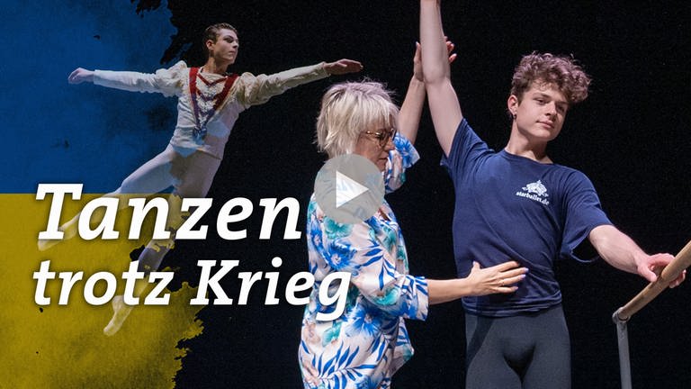 Keyvisual SWR Doku "Tanzen trotz Krieg" mit dem jungen Tanztalent Danylo aus der Ukraine und seiner Tanzlehrerin Irina Starostina aus Mainz