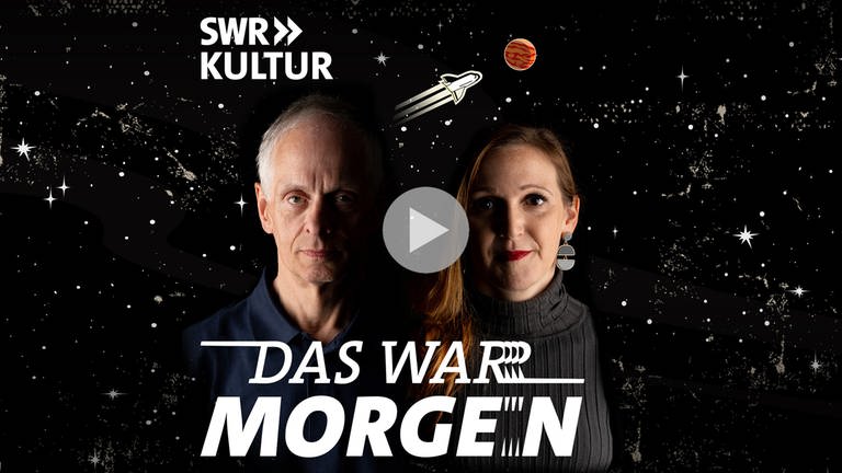 Keyvisual des Science-Fiction Podcast "Das war morgen" von SWR Kultur mit Hosts Isabella Hermann und Andreas Brandhorst