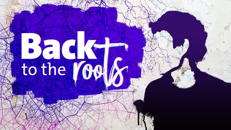 Das Keyvisual zum Format "Back to the Roots". Der Schriftzug auf einem violetfarbenen Untergrund, daneben eine gezeichnete männliche Silhouette. (Foto: SWR)