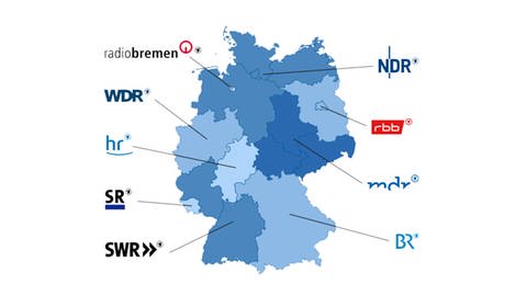 Das Bild zeigt eine Deutschland-Karte, in der die Landesrundfunkanstalten eingezeichnet sind.  (Foto: SWR)