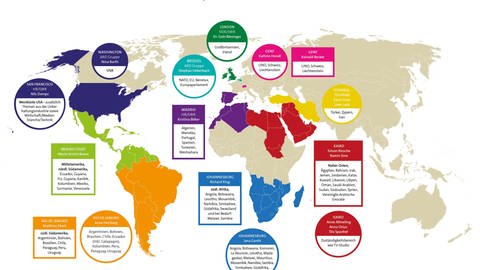 Karte aller Standorte multimedialer SWR Korrespondent:innen weltweit. (Foto: SWR)