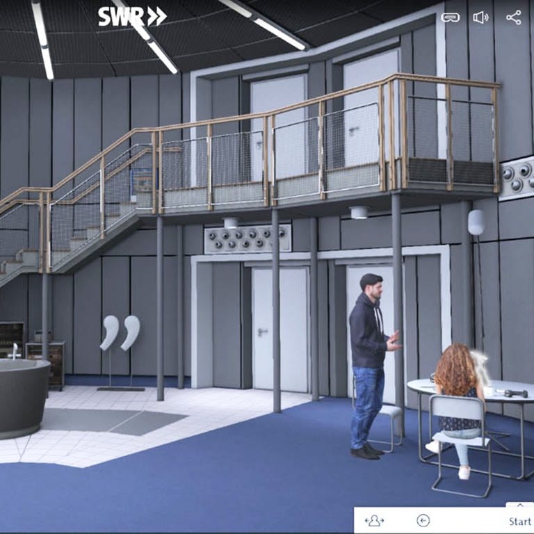 Virtuelles Hörspielstudio, in dem rechts ein Mann und eine Frau an einem Tisch stehen bzw. sitzen. Den SWR erleben mit "SWR Virtuell" unter virtuell.swr.de. (Foto: SWR)