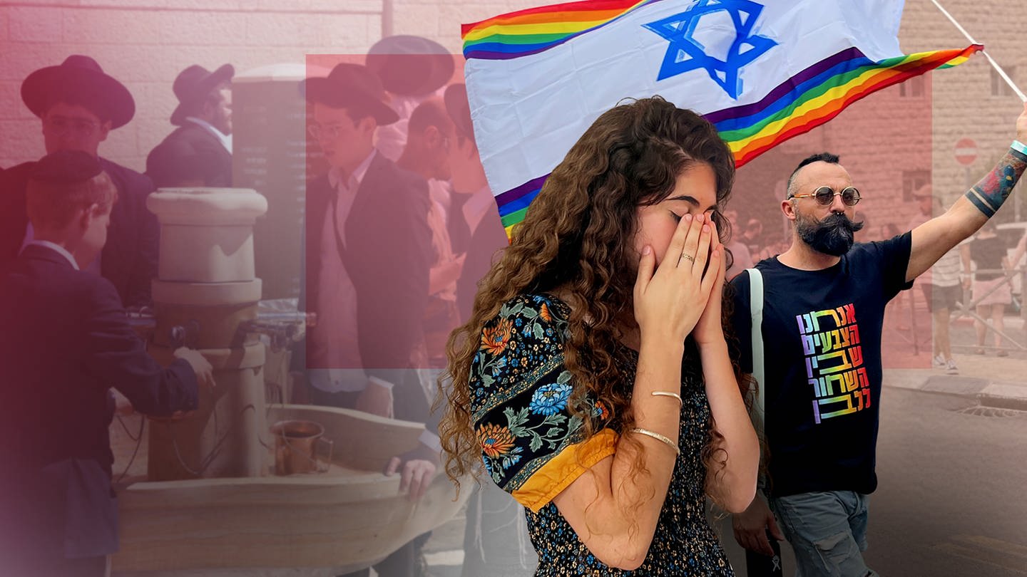 Collage: Frau und Mann demonstrieren, israelische Flagge und Regenbogenfarben (Foto: ard-foto s1, BR/Christian Limpert)