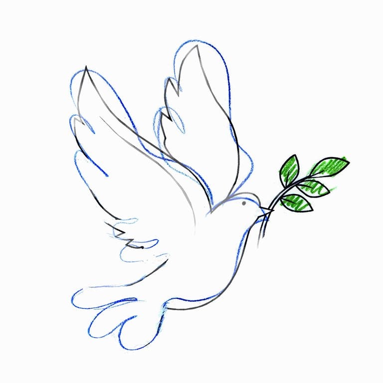 Symbol des Friedens: Taube mit Ölzweig im Schnabel (Zeichnung) (Foto: IMAGO, IMAGO / Ikon Images)