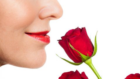 Eine Frau riecht an einer roten Rose. Düfte lassen sich unendlich kombinieren (Foto: imago images, IMAGO / YAY Images)