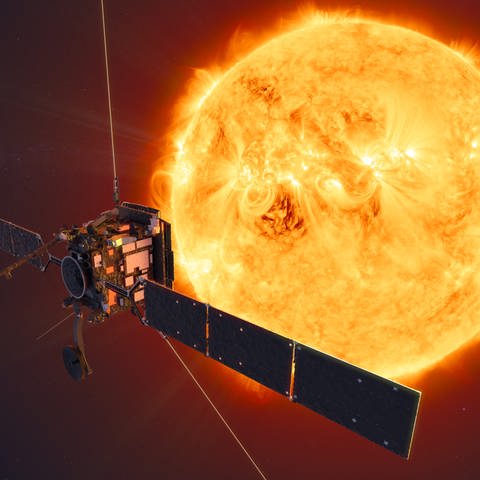 Die undatierte Computerzeichnung zeigt den Solar Orbiter vor der Sonne (Foto: dpa Bildfunk, picture alliance/dpa/ESA | ATG medialab)