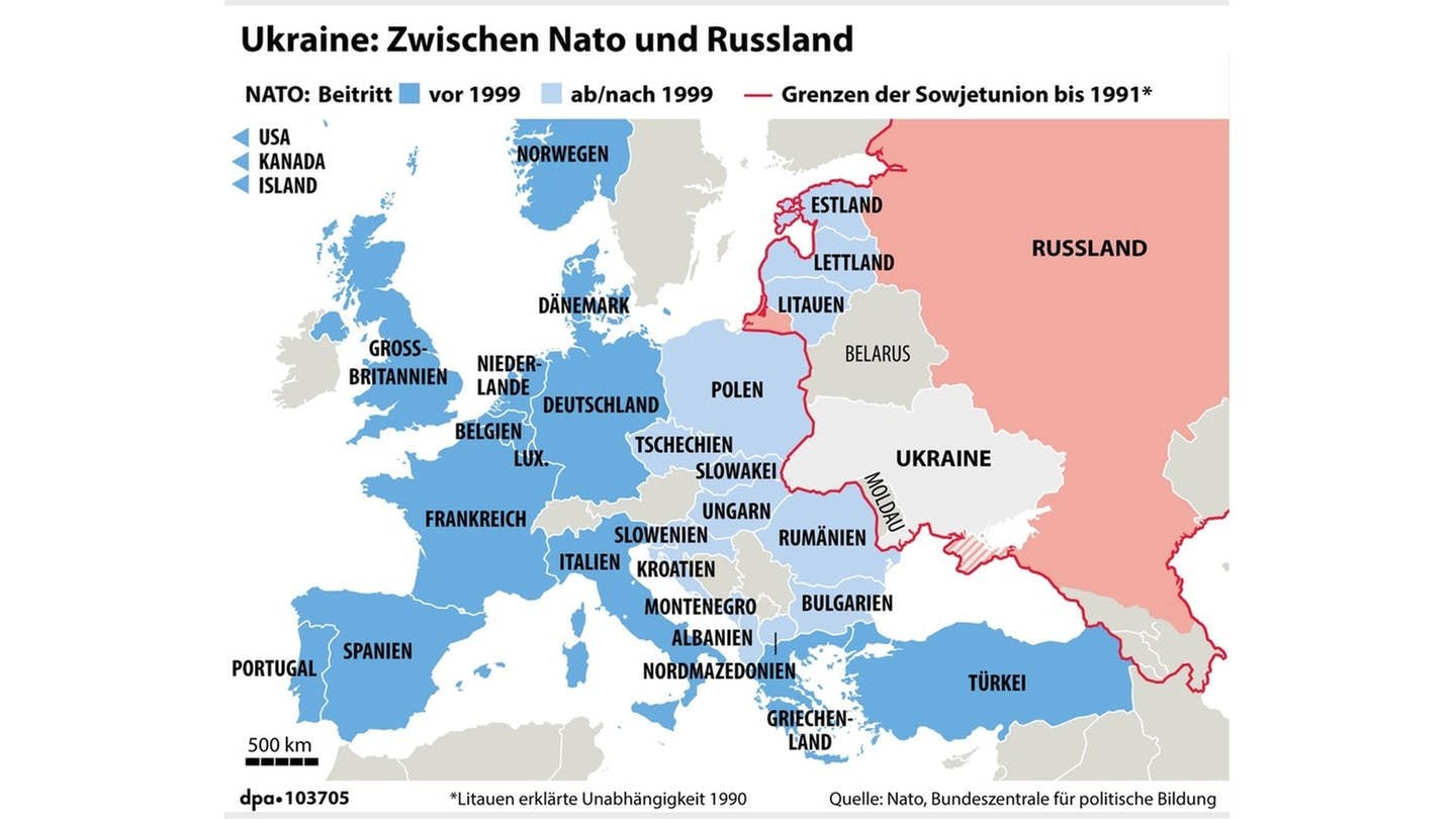 Grafik: Karte der Nato-Mitglieder und Grenzen der Sowjetunion bis 1991 (Foto: picture-alliance / Reportdienste, picture alliance/dpa/dpa Grafik | dpa-infografik GmbH | Grafik: A. Brühl; Redaktion: M. Lorenz)
