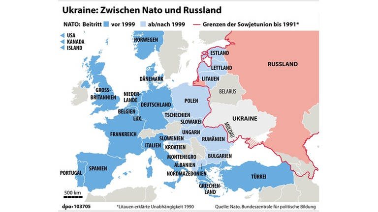 Grafik: Karte der Nato-Mitglieder und Grenzen der Sowjetunion bis 1991 (Foto: picture-alliance / Reportdienste, picture alliance/dpa/dpa Grafik | dpa-infografik GmbH | Grafik: A. Brühl; Redaktion: M. Lorenz)