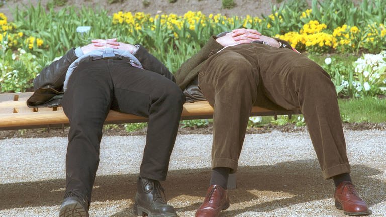 Frühjahrsmüde: Zwei Männer schlafen, umringt von Frühlingsblumen, auf einer Parkbank (Foto: IMAGO, IMAGO / photothek)