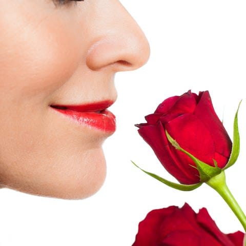 Eine Frau riecht an einer roten Rose. Düfte lassen sich unendlich kombinieren (Foto: IMAGO, IMAGO / YAY Images)