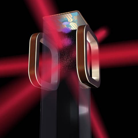 DIe undatierte grafische Darstellung eines Experimentaufbaus im "Cold Atom Laboratory" (CAL) der NASA. Ein Chip und eine elektromagnetische Kammer helfen, Atome auf ein milliardstel Grad über dem absoluten Nullpunkt (rund -273 Grad Celsius) herunterzufrieren. Wenn Atome so weit heruntergekühlt werden, verhalten sie sich nicht wie Partikel, sondern eher wie Wellen. (Foto: picture-alliance / Reportdienste, (c) dpa / picture alliance / jpl-caltech/Nasa/dpa)