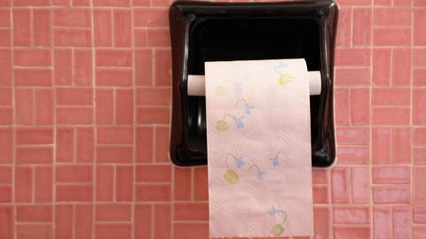 Geblümtes Klopapier hängt an einem Wandhalter vor rosa Kacheln: Am 26. August ist der Tag des Toilettenpapiers