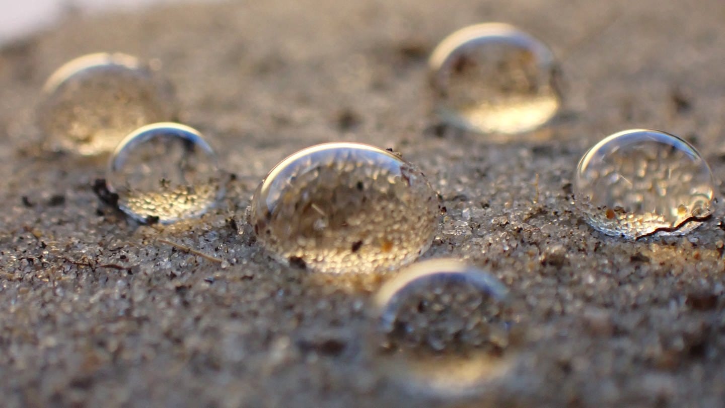Wassertropfen sitzen wie Perlen auf der Oberfläche eines sandigen Bodens: Wenn es nach einer längeren Dürre plötzlich wieder stärker regnet, können die Böden nicht so viel Wasser auf einmal aufnehmen und es auch nicht speichern (Foto: © BGR)
