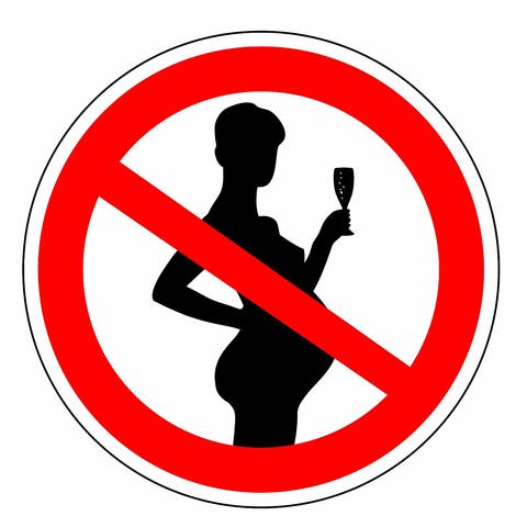 Schild "Alkohol in der Schwangerschaft verboten": Schwangere sollten keinen Alkohol trinken, denn man weiß: Je mehr starker Alkohol in der Schwangerschaft getrunken wird, desto eher ist eine Schädigung des Kindes zu erwarten. Das Fetale Alkoholsyndrom (FAS) ist eine schwere Schädigung des Kindes. (Foto: IMAGO, IMAGO / agefotostock)