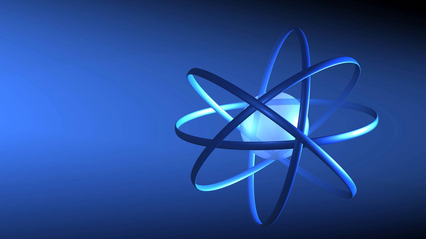 Stilisiertes blaues Atommodell: Ist das Sonnensystem mit dem Modell eines Atoms vergleichbar? Nein, die scheinbare Ähnlichkeit ist Zufall. (Foto: IMAGO, IMAGO / imagebroker)