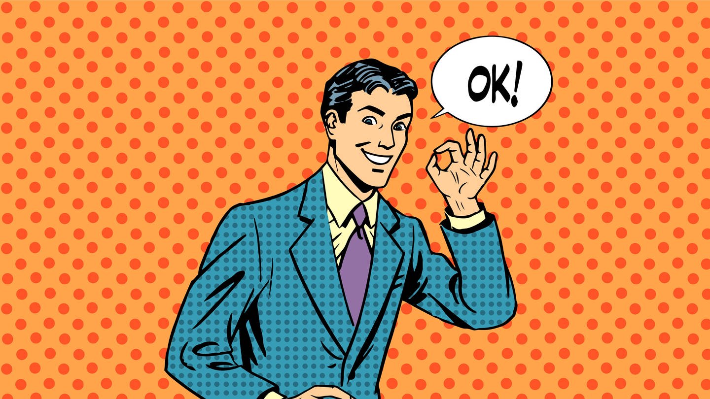 Geschäftsmann macht mit den Fingern Okay-Zeichen (Illustration):  Es scheint als gäbe es kein anderes Wort, das international so verbreitet ist wie 