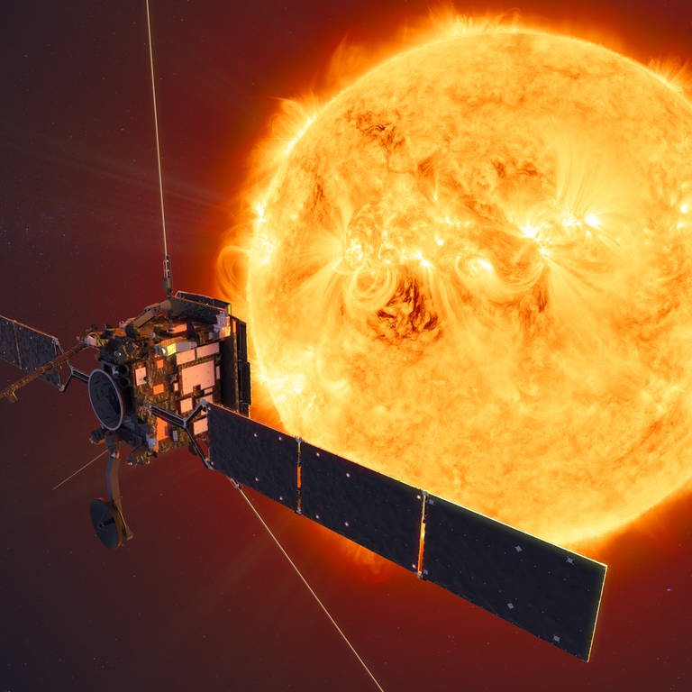 Die undatierte Computerzeichnung zeigt den Solar Orbiter vor der Sonne