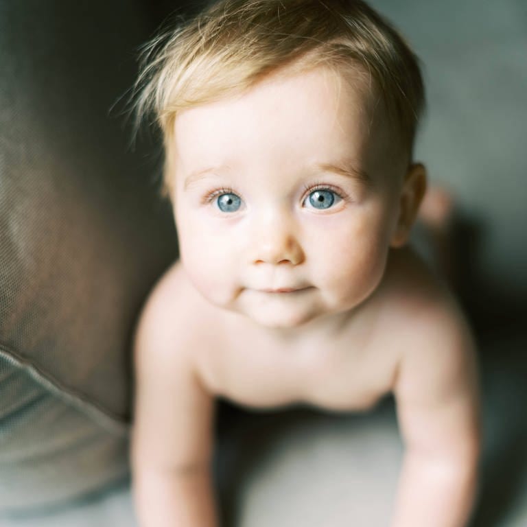 Baby schaut mit neugierigen blauen Augen in die Kamera