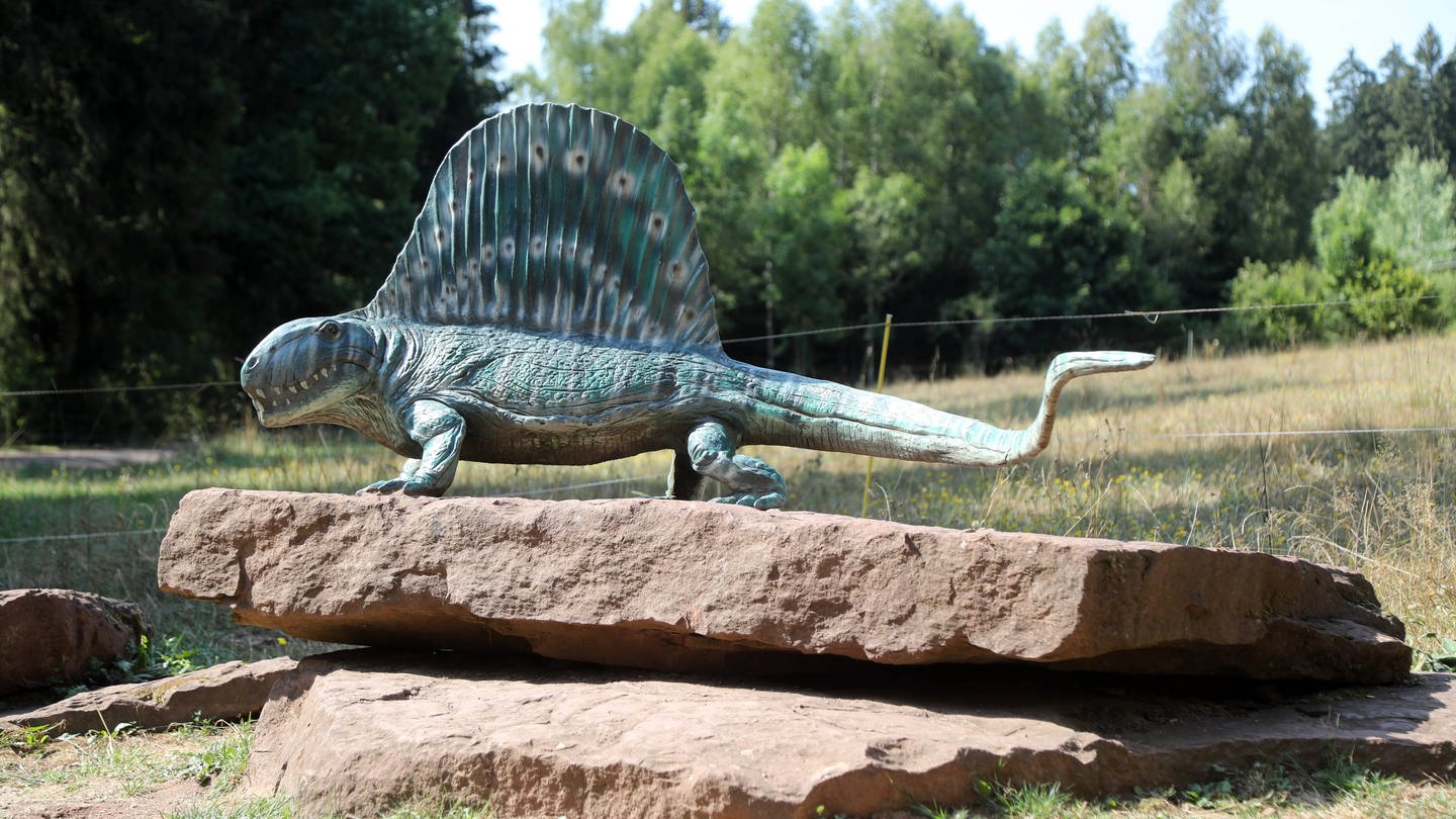 Segelrücken-Saurier-Statue im Erlebnispark: Auseinandergebrochene Kontinete oder Klimaschwankungen? Warum die Dinosaurier ausgestorben sind, bleibt für immer ein Rätsel (Foto: IMAGO, IMAGO / Karina Hessland)