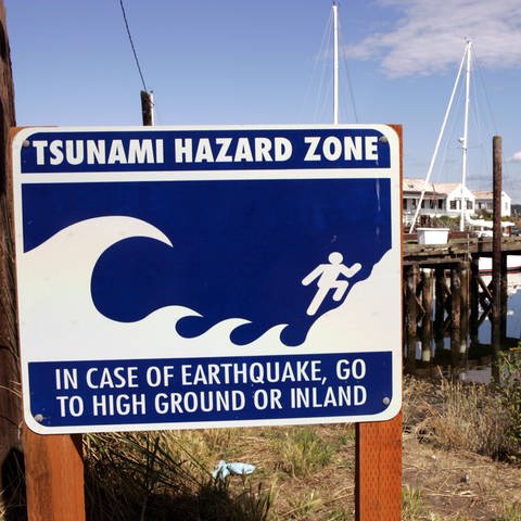 Tsunami-Warnschild im Hafen von Port Townsend USA (Foto: IMAGO, IMAGO / Jochen Tack)
