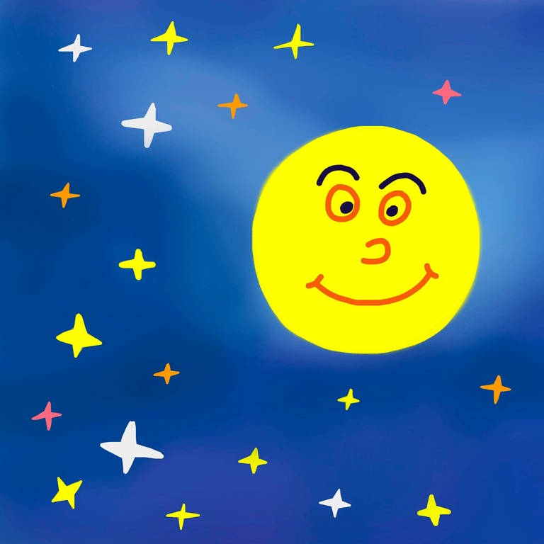 Kinderzeichnung aus Deutschland: Der Mond trägt eher männliche Züge mit dunklen Augenbrauen. Im Deutschen ist es "die Sonne" und "der Mond". Im  Französischen ist es umgekehrt: "le soleil", "la lune". Im deutschen Sprachraum wird auf Kinderbildern von Sonne und Mond die Sonne oft eher weiblich und der Mond männlich dargestellt – im Französischen ist es umgekehrt. 