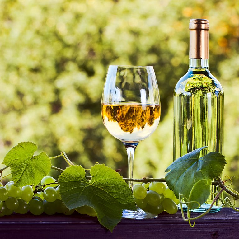 Trauben, Weinglas und Weinflasche: Über die Hälfte der Emissionen von Wein entsteht durch die Verpackung – der versteckte Klimakiller ist die Glasflasche