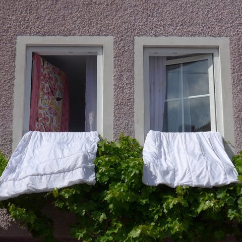 Bettdecken hängen zum Auslüften aus den Fenstern eines Hauses: Gesundheitlich sind Milben nur dann ein Problem, wenn jemand tatsächlich allergisch auf die Ausscheidung dieser Tiere reagiert. Es gibt aber einige wichtige Regeln der Betthygiene.
