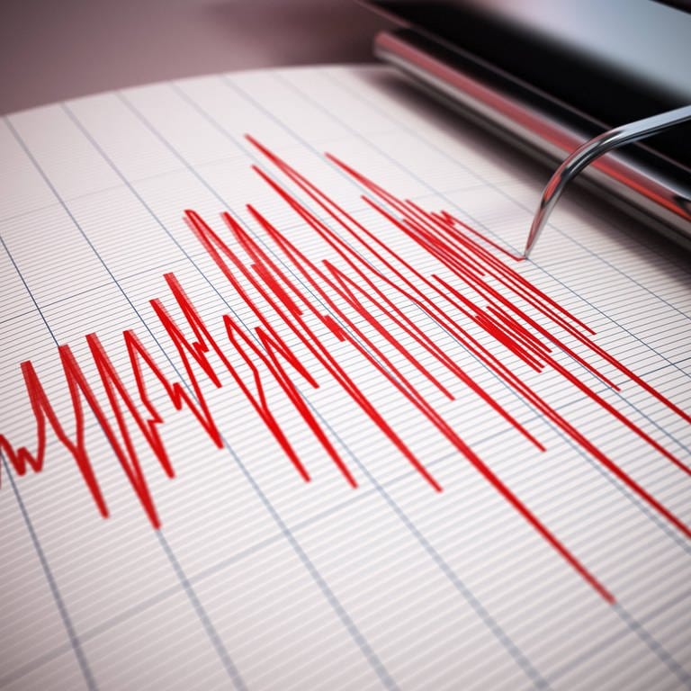 Seismische Wellen, aufgezeichnet von einem Seismografen: Ein Seismograf ist ein in der Seismologie verwendetes Gerät, das Bodenerschütterungen von Erdbeben und anderen seismischen Wellen registrieren kann.