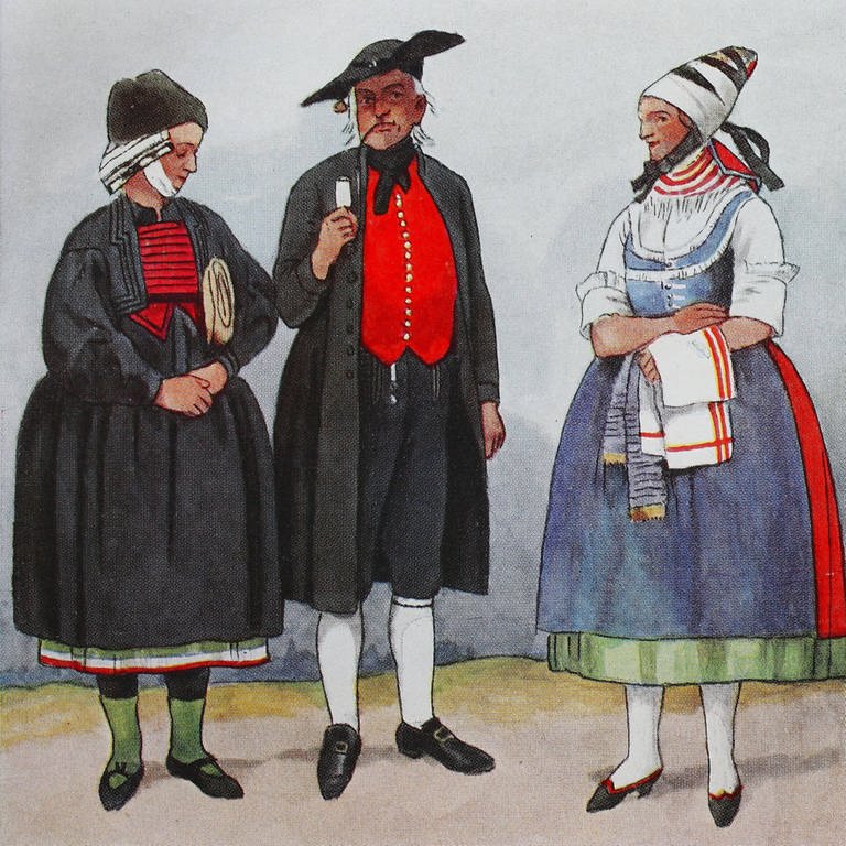 Trachten aus Bayern, Franken, ca. 19. Jahrhundert. Von links: ein Paar aus dem Nürnberger Raum, eine Frau aus Gochsheim, eine Frau aus Geldersheim bei Schweinfurt und ein Bauer aus Unterfranken 