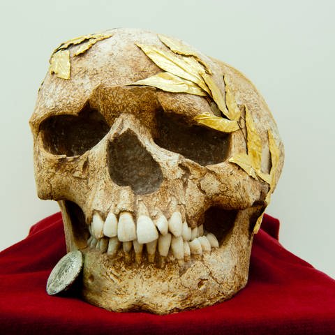 Römischer Totenschädel mit einer Münze im Mund – ein Obolus für Charon, den Fährmann der Toten in der griechischen Mythologie