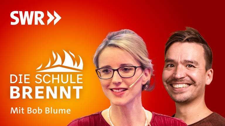Alena Buyx und Bob Blume auf dem Podcast-Cover von "Die Schule brennt – Mit Bob Blume"