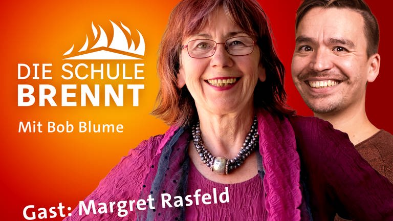 Margret Rasfeld und Bob Blume auf dem Podcast-Cover von "Die Schule brennt – der Bildungspodcast mit Bob Blume"