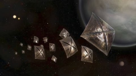 Eine Raumkapsel bewegt sich mit Sonnensegeln in Richtung von Alpha Centauri (Illustration). (Foto: IMAGO, imago/StockTrek Images)