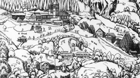 Kloster Einsiedeln und Umgebung - in der Bildmitte neben der Teufelsbrücke das mutmassliche Geburtshaus von Paracelsus, Holzschnitt, 1577 (Foto: dpa Bildfunk, picture-alliance / akg-images)