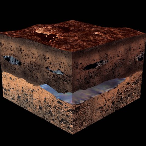 Diese künstlerische Darstellung zeigt, wie es unter der Oberfläche des Mars-Südpols aussehen könnte: Es gibt dort wohl größere Vorkommen von sehr kaltem und salzigen Wasser. (Foto: Pressestelle, Illustration by Medialab, ESA 2001)