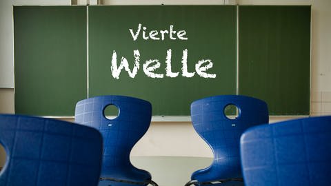 Klassenzimmer mit aufgestuhlten Tischen, auf der Tafel steht "vierte Welle". (Foto: IMAGO, IMAGO / Michael Weber)