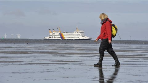 Eine Wattwanderin spaziert durch das Watt bei Dagebüll, im Hintergrund ein Schiff (Foto: imago images, imago stock&people)