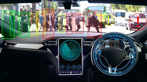 Blick aus einem autonomen Auto, das Fußgänger erkennt und ihrer Position mit roter, gelber oder grüner Markierung nach Risikopotential einstuft. (Foto: IMAGO, IMAGO / AFLO)