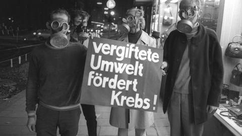 Schwarz-Weiss-Foto von Studierenden-Demonstration in der 70-ern, Teilnehmer tragen Gasmasken und ein Schild mit der Aufschrift: "vergiftete Umwelt fördert Krebs" - in der aktuellen Diskussion um "Fridays for Future" als Generationenkonflikt wird die erste Umweltbewegung der 70er außer acht gelassen