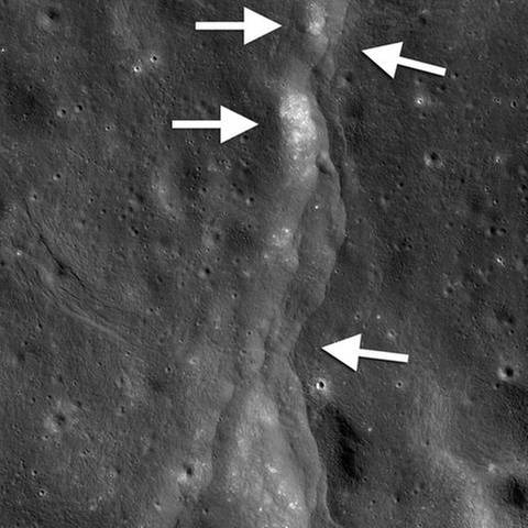 Eine sogenannte Überschiebung auf dem Mond, die von der Nasa-Sonde Lunar Reconnaissance Orbiter (LRO) entdeckt wurde (Foto: dpa Bildfunk, Foto: -/Nasa/GSFC/Arizona State University/Smithsonian/dpa -)