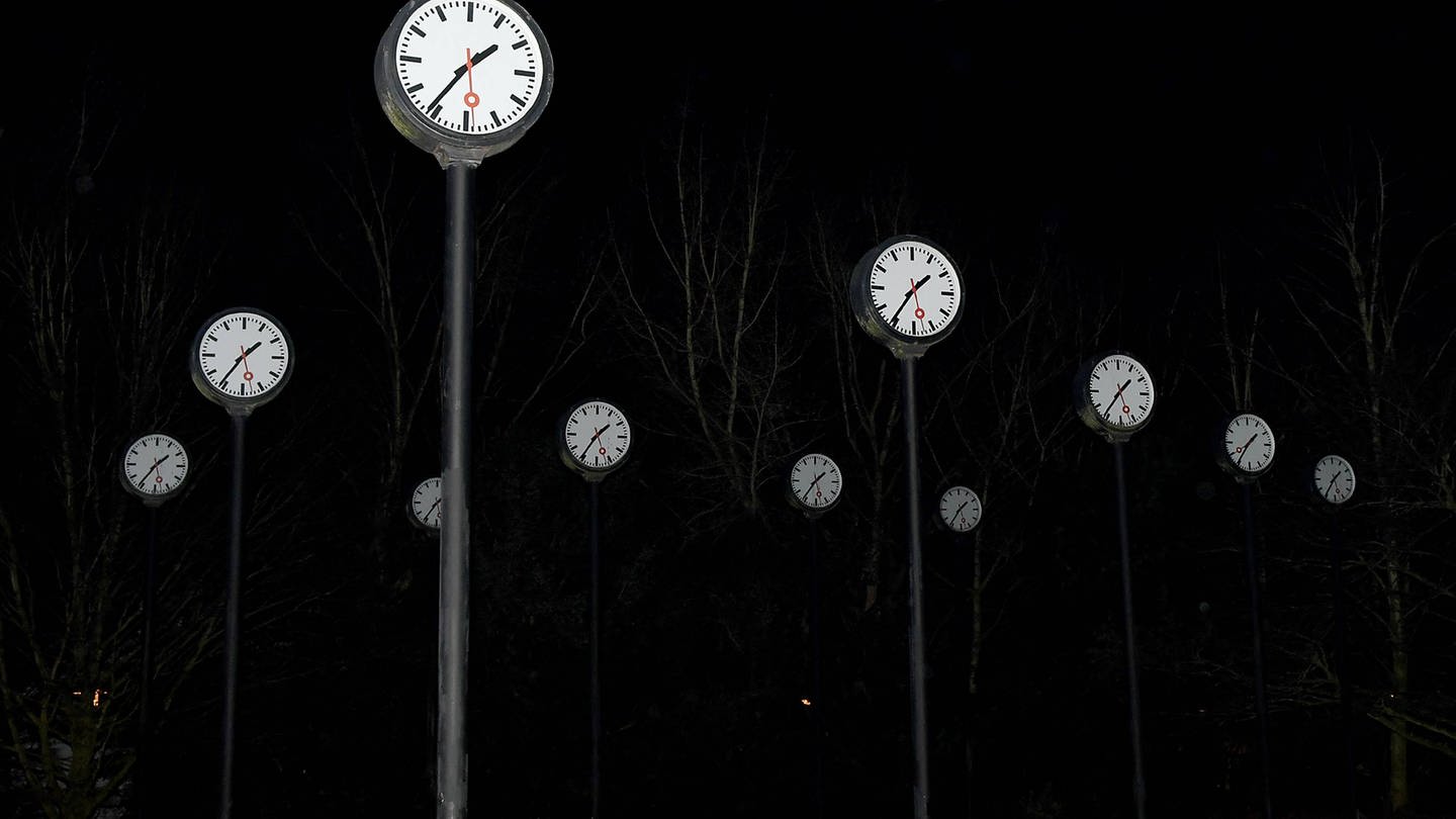 Das Zeitfeld wurde vom Künstler Klaus Rinke im Volkspark in Düsseldorf aufgestellt. 24 Bahnhoftsuhren sollen die gleiche Zeit anzeigen (Foto: IMAGO, IMAGO / Revierfoto)