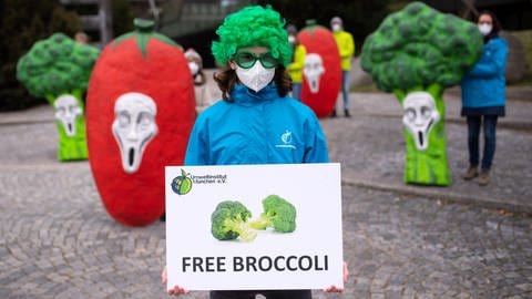 Eine Demonstrantin mit einer Brokkoli-Attrappe auf dem Kopf hält ein Plakat auf dem Free Brokkoli steht (Foto: dpa Bildfunk, Picture Alliance)