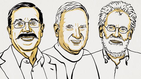 Die drei Physiknobelpreisgewinner 2022 (Foto: Pressestelle, Nobel Prize Outreach. Illustration: Niklas Elmehed.)