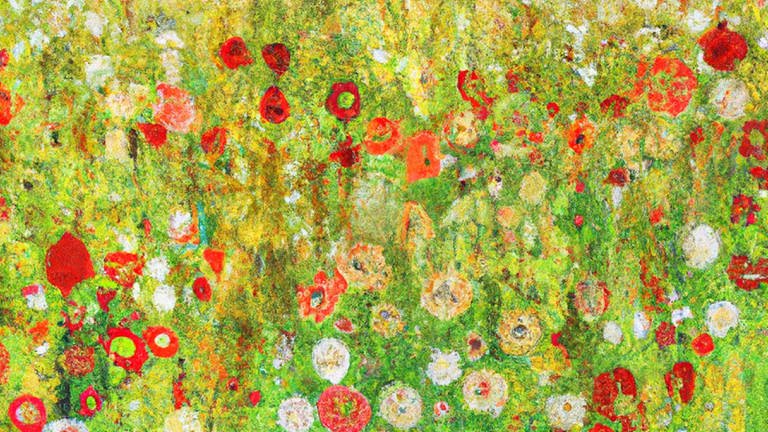 DALL·E - A modern abstract painting of a field of flowers with lots of light reds and greens in the style of Klimt (Foto: David Beck)
