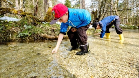 Two boys look at the bottom of a stream.  (Photo: picture-alliance / report services, picture alliance / imageBROKER | Herbert Berger)