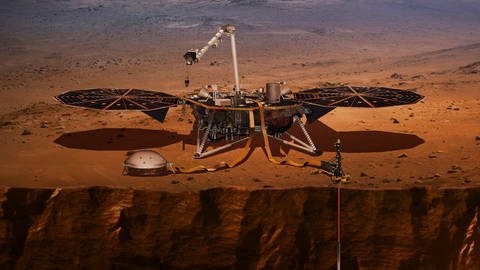 Schemtische Darstellung der NASA-Sonde InSight auf dem Mars mit Wärmeflusssonde, Seismometer und Funktransponder und -empfänger. (Foto: IMAGO, IMAGO / StockTrek Images)