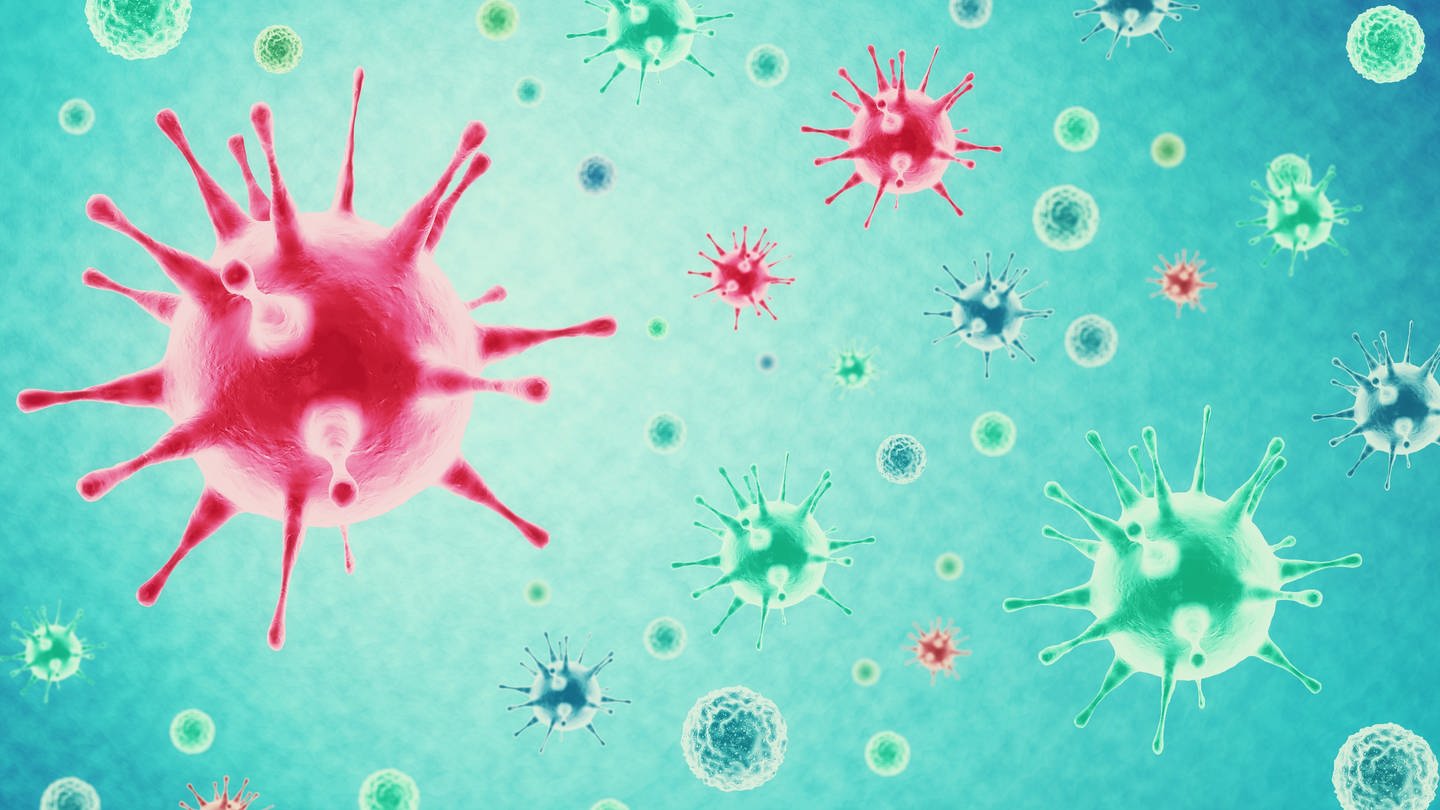Illustrierte Coronaviren in verschiedenen Farben. (Foto: IMAGO, IMAGO / Panthermedia)